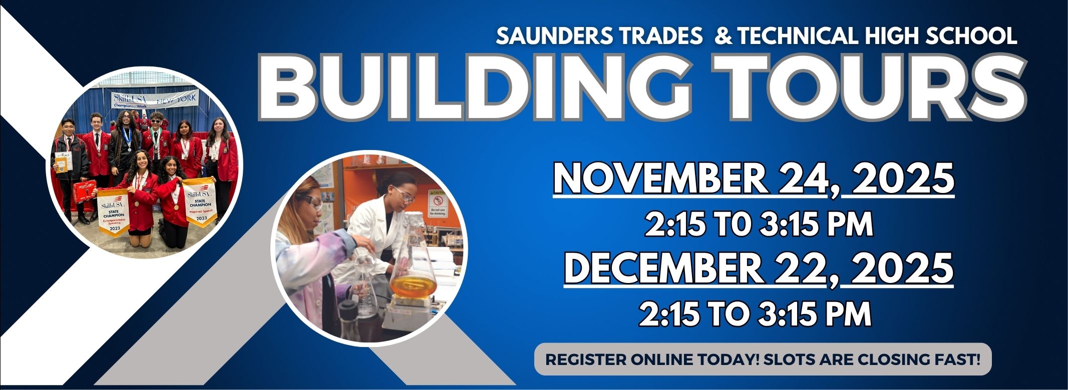 Saunders HS Building Tours 11/14 and 12/22 from 2:15 to 3:15 PM