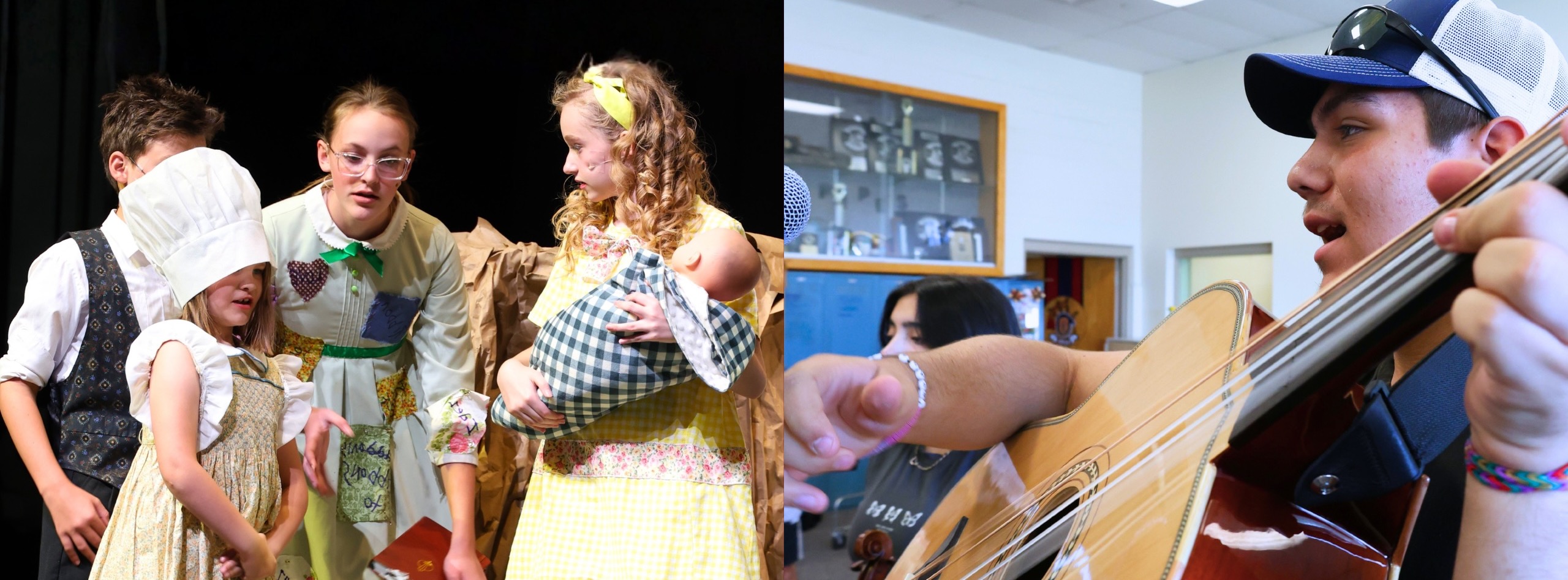 Students acting on stage and playing musical instruments