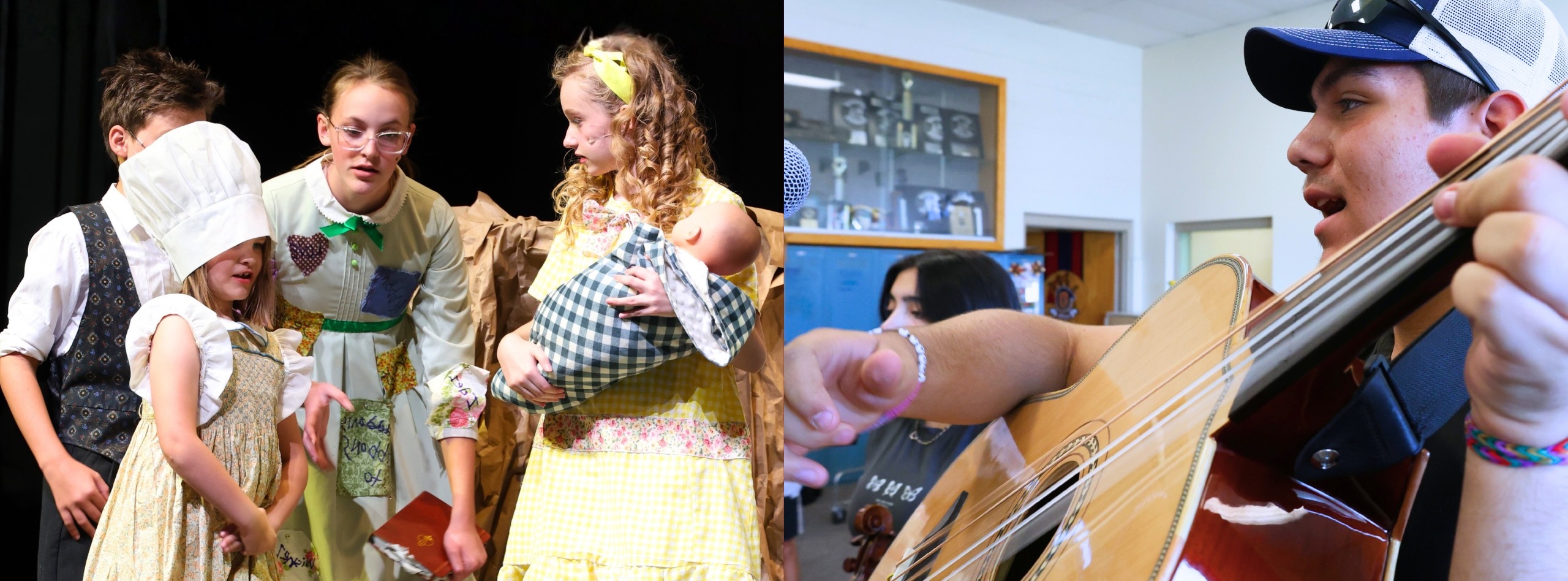 Students acting on stage and playing musical instruments