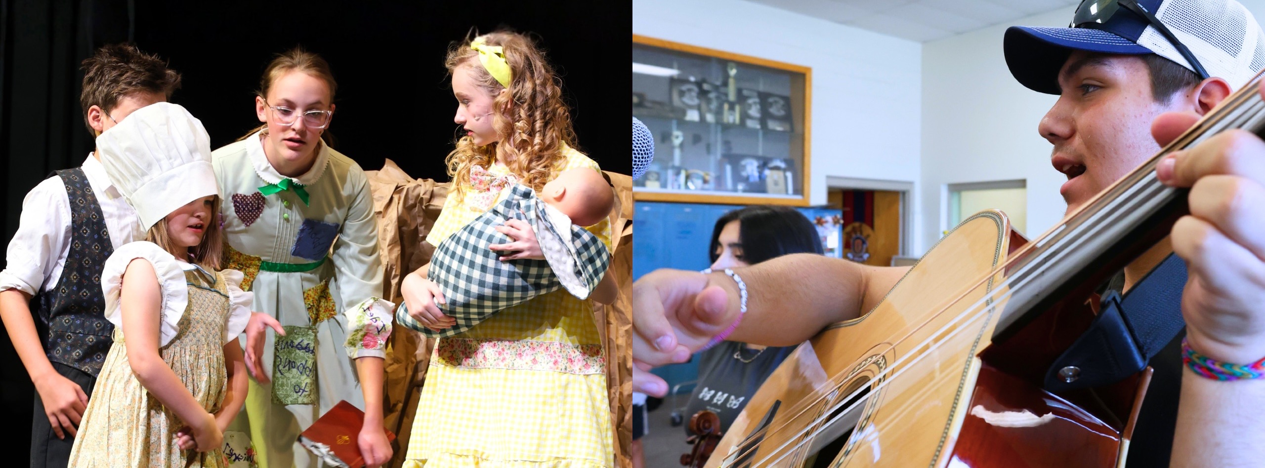 Students acting on stage and playing musical instruments