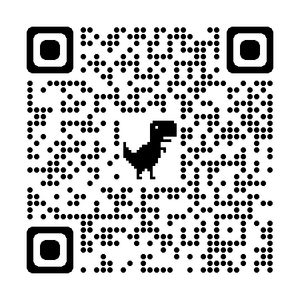 A QR code featuring a pixelated dinosaur in the center, surrounded by dense black dots on a white background.