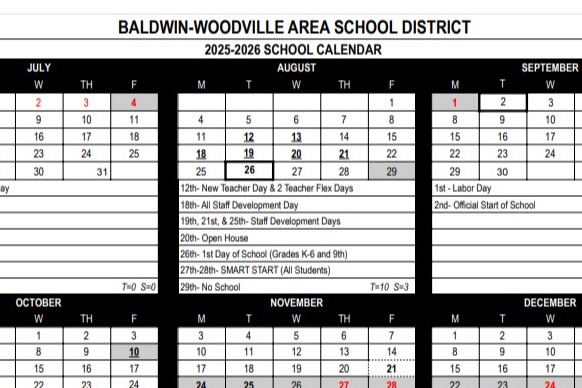 Image of a calendar with events from Baldwin-Woodville Area School District.