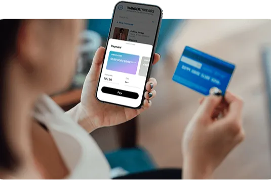 Icon of woman paying through her cell phone.