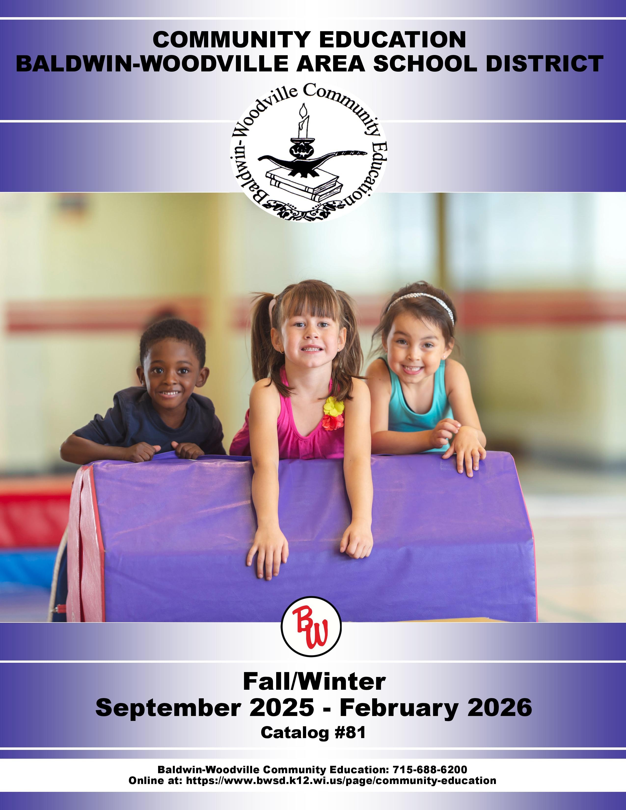 A young player hits a tennis ball on a court, showcasing action in a community education catalog for Baldwin-Woodville.