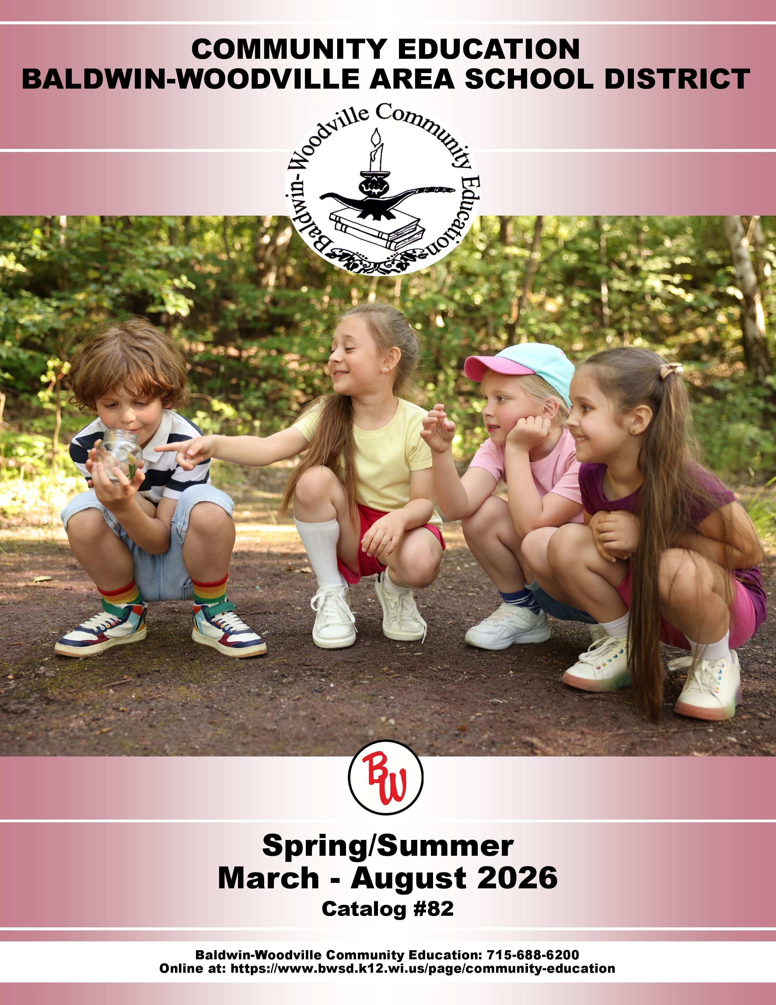 Children exploring nature, showcasing action in a community education catalog for Baldwin-Woodville.
