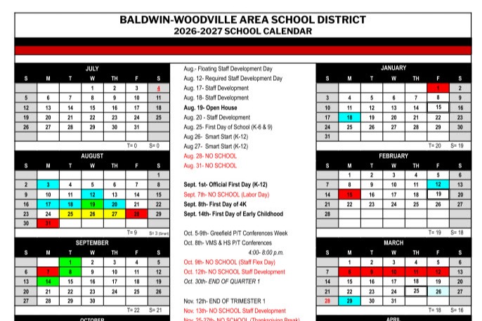 Image of a calendar with events from Baldwin-Woodville Area School District.