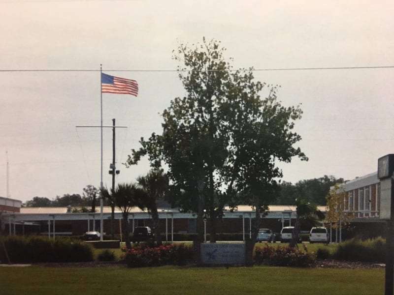 A view of a school building with a flagpole displaying the American flag, a tree in the foreground, and parked cars visible in the background.