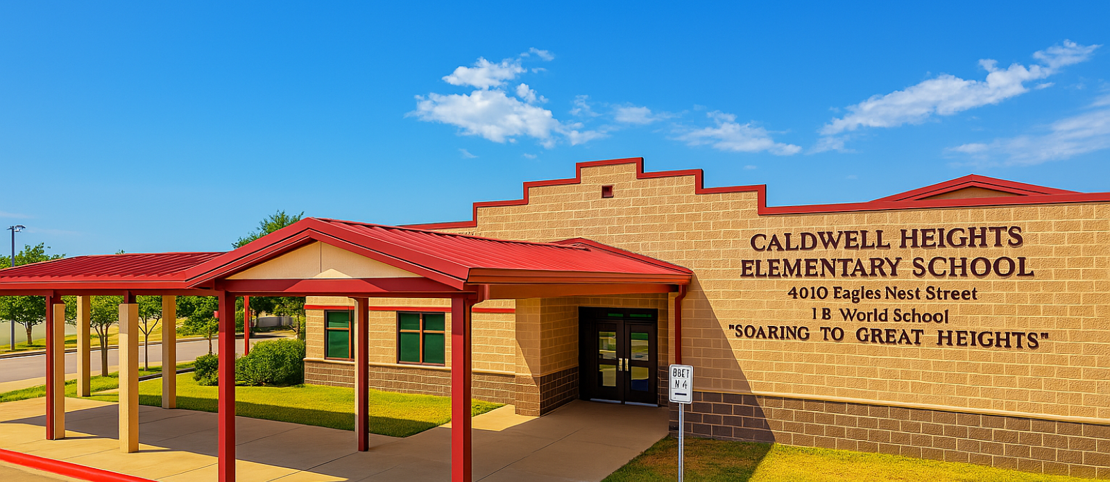Decorative Image of the front of Caldwell Heights Elementary school. 4010 Eagles Nest St IB World School Motto "Soaring to Great Heights."