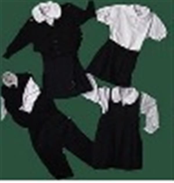 A collection of children's clothing items including a black jacket, a white shirt, a black dress, and a pair of black pants, arranged on a green background.