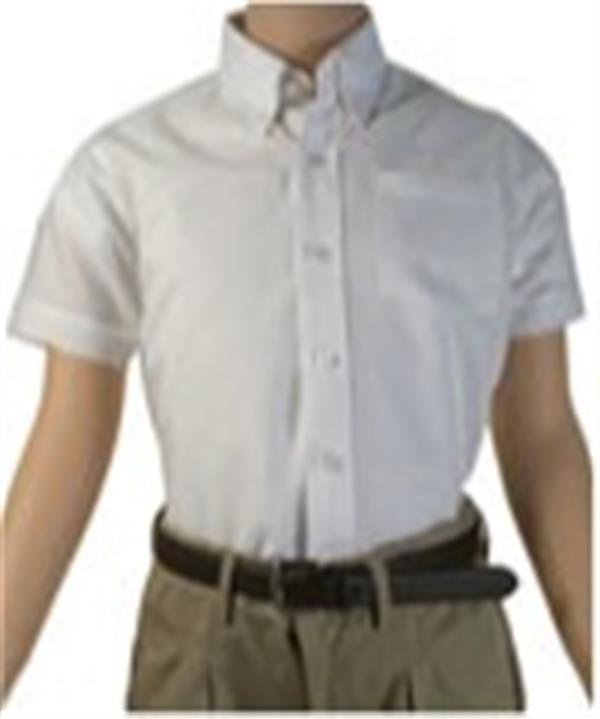 A short-sleeved white button-up shirt displayed on a mannequin, paired with khaki pants and a black belt.