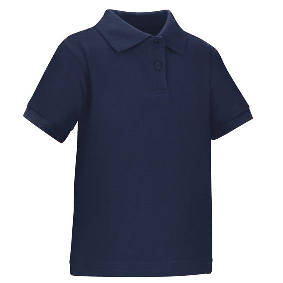 A navy blue short-sleeved polo shirt with a collar and two buttons at the neck.