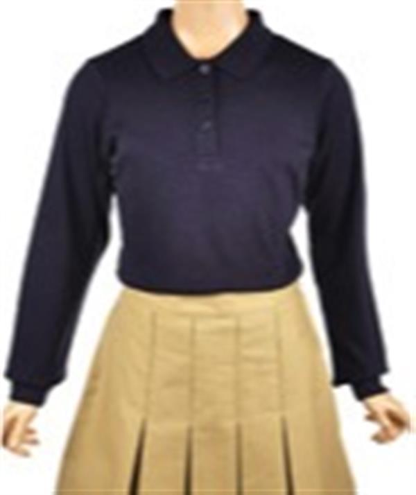 A mannequin dressed in a long-sleeve navy polo shirt paired with a khaki pleated skirt.