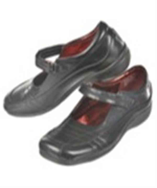 A pair of black Mary Jane-style shoes with a strap across the top and a cushioned sole, featuring a red interior.