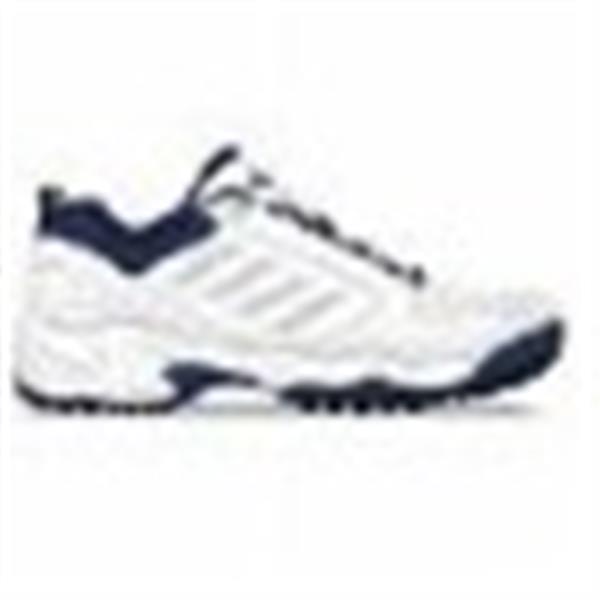 A side view of a white athletic shoe with navy blue accents and a textured sole.