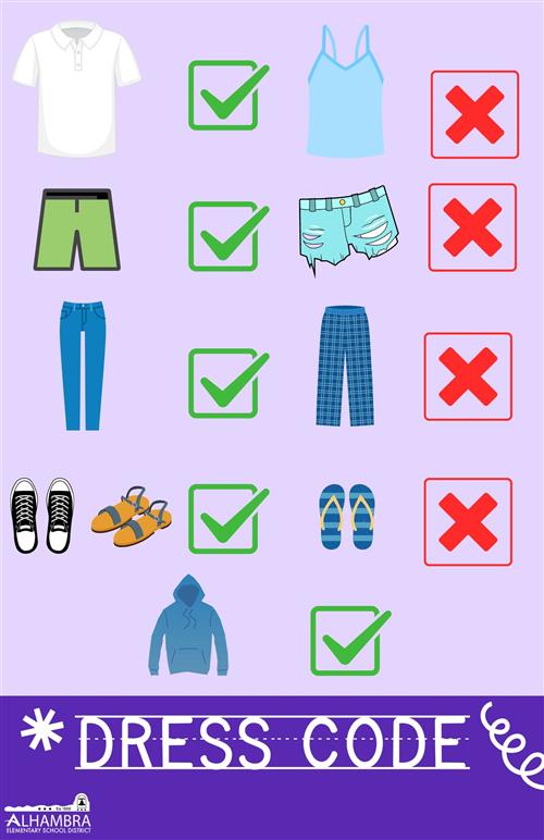 A colorful dress code chart displaying acceptable and unacceptable clothing items, with checkmarks for approved items and red crosses for prohibited ones, set against a purple background.