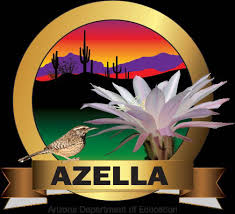 A circular emblem featuring a desert landscape with cacti and mountains at sunset, a white flower, and a bird, with the word 'AZELLA' prominently displayed at the bottom.