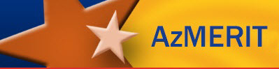 A graphic featuring the word 'AzMERIT' in bold blue letters, accompanied by a star and a colorful background of blue and yellow.