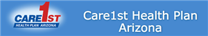 A logo for Care1st Health Plan Arizona, featuring the name prominently displayed with a blue background and red accents.