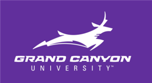 A stylized white silhouette of an antelope above the text 'GRAND CANYON UNIVERSITY' in white, set against a purple background.