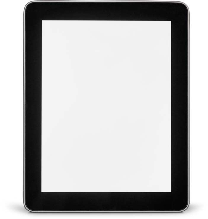 A blank tablet device with a black frame and a white screen, positioned upright.