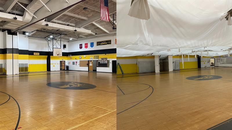 A split image of a school gymnasium, one side showing a bright space with black and yellow walls, the other side covered by a white tarp.