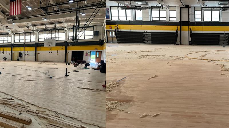 A side-by-side view of a gymnasium undergoing renovation, showing a wooden floor being installed and sawdust scattered on the surface.