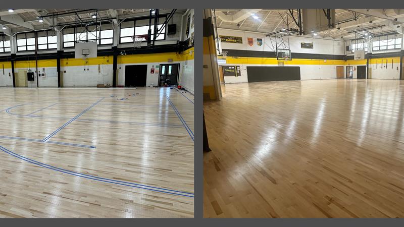 A spacious gymnasium with polished hardwood floors, featuring basketball hoops and game lines, showcasing areas for sports activities.