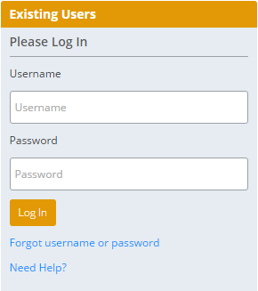 Login form for existing users with fields for username and password, and options for recovery help in blue text.