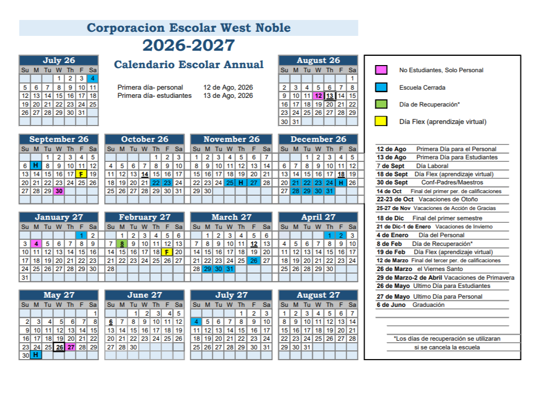2026-27 School Year Calendar Spanish