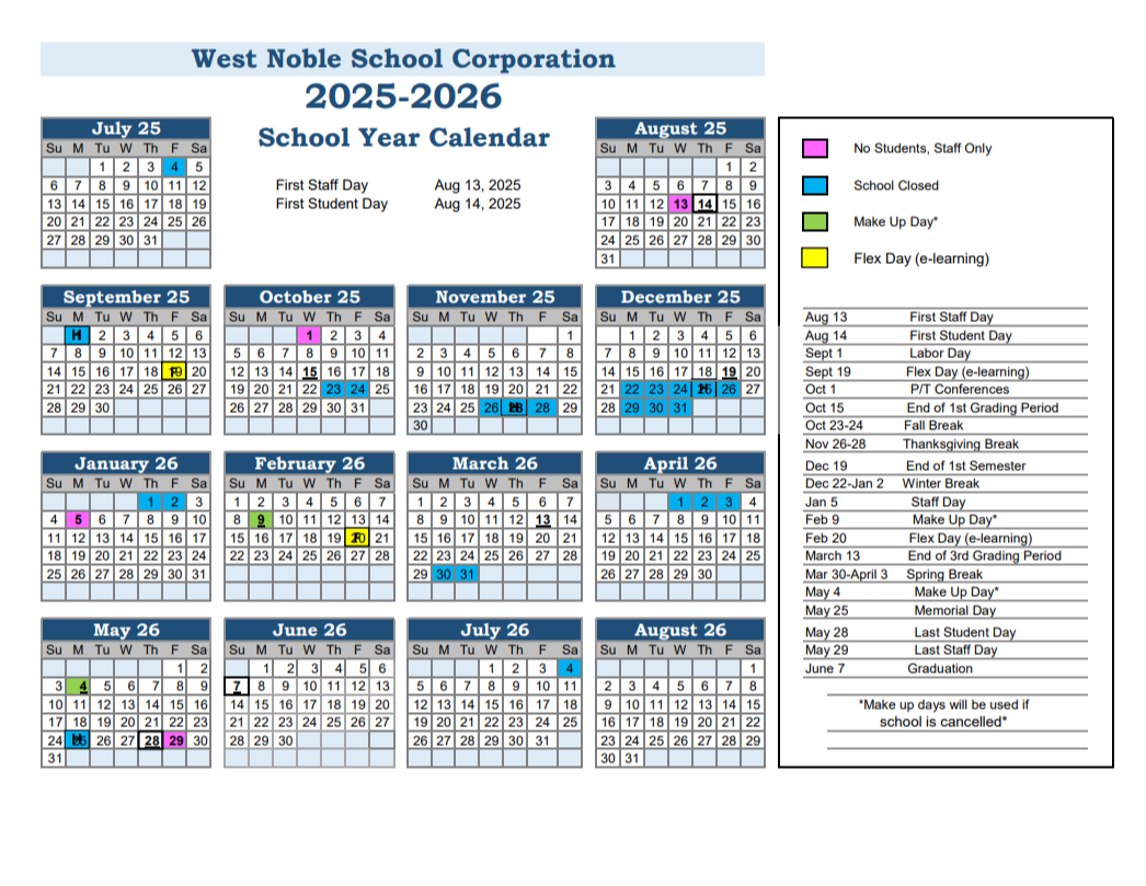 2025-26 School Year Calendar English
