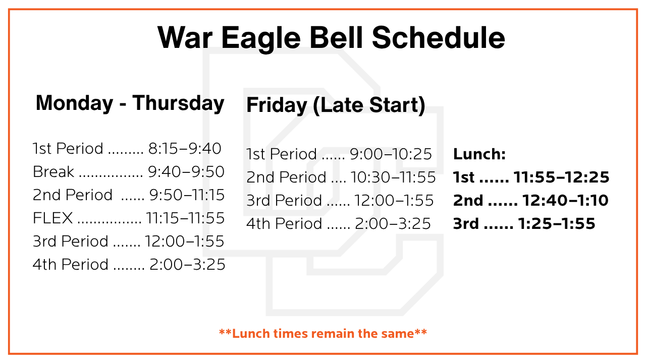 Davie County High School War Eagle Bell Schedule showing Monday–Thursday and Friday (late start) class times, including periods, break, FLEX, and three lunch blocks, with a note that lunch times remain the same.