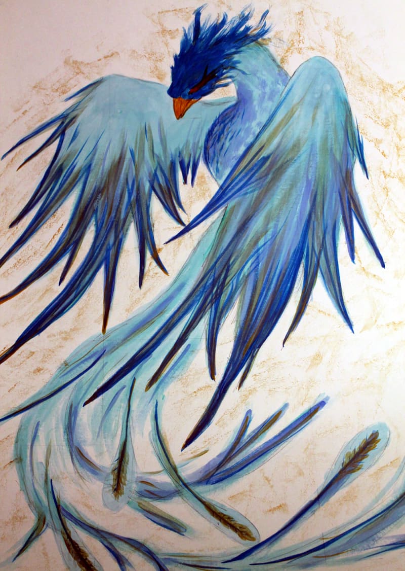 A stylized blue bird with long, flowing wings and tail feathers, depicted in shades of blue and accented with hints of brown.