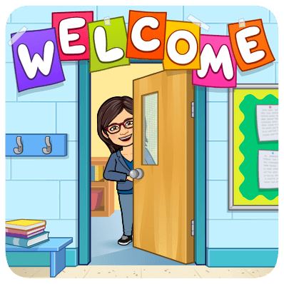 A cartoon girl stands cheerfully in front of a door labeled "Welcome," inviting guests with a friendly smile.
