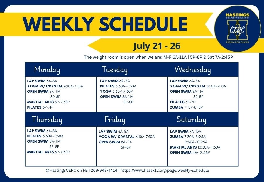 Weekly Schedule 7/21 - 7/26