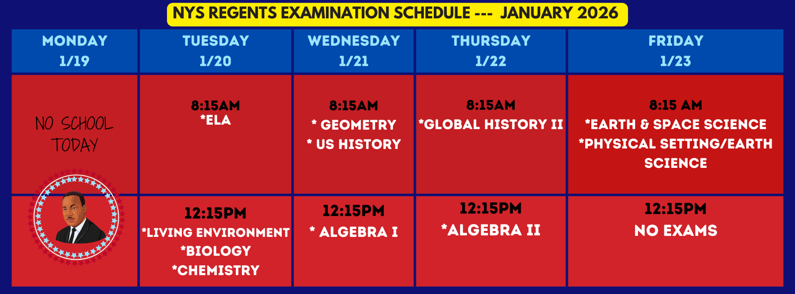 January Regents Week Schedule 2026