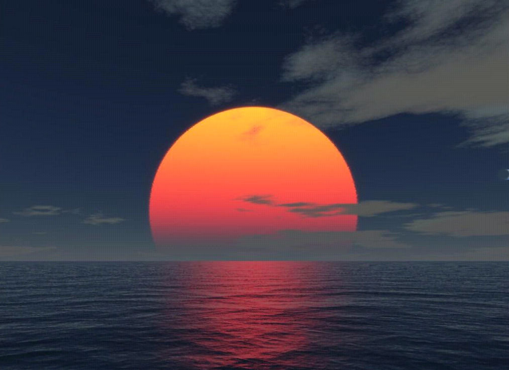 A vibrant sunset casts orange and pink hues over the calm ocean, reflecting the colors on the water's surface.