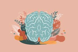A brain encircled by vibrant plants and flowers, symbolizing the connection between nature and mental well-being.
