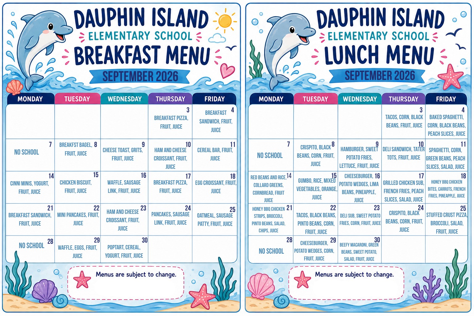 Two horizontal school menus for Dauphin Island Elementary School, featuring a dolphin, stars, and coral. One menu for breakfast, the other for lunch.