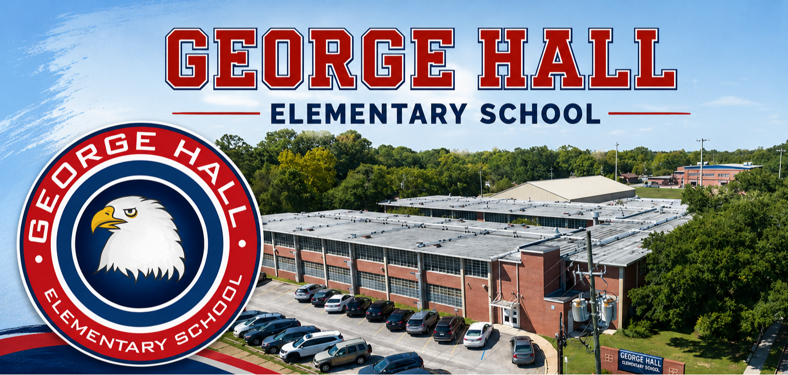 A school advertisement with George Hall Elementary School written in red. An eagle logo is on the left, with a school building in the background.