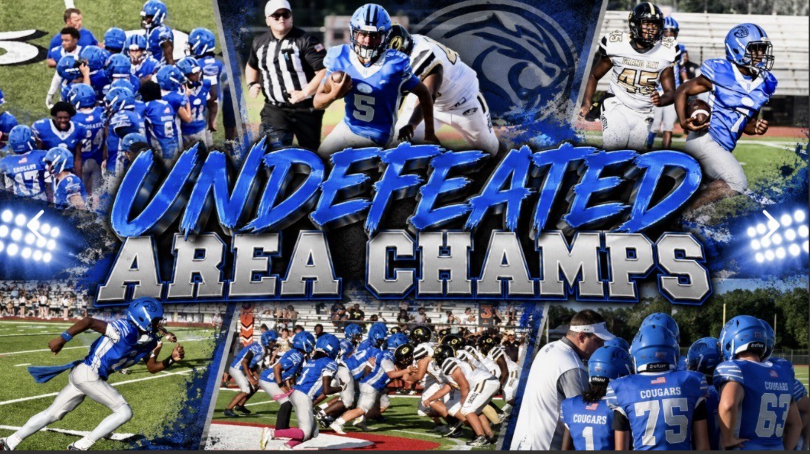 Collage of football players in blue uniforms, helmets, and field lights. Text reads "Undefeated Area Champs" at top.