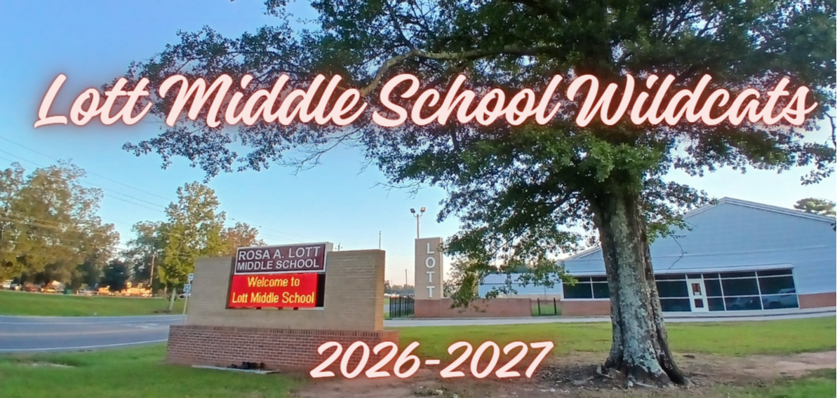Text reads "Lott Middle School Wildcats 2026-2027" above a tree. Behind the tree is a school building.