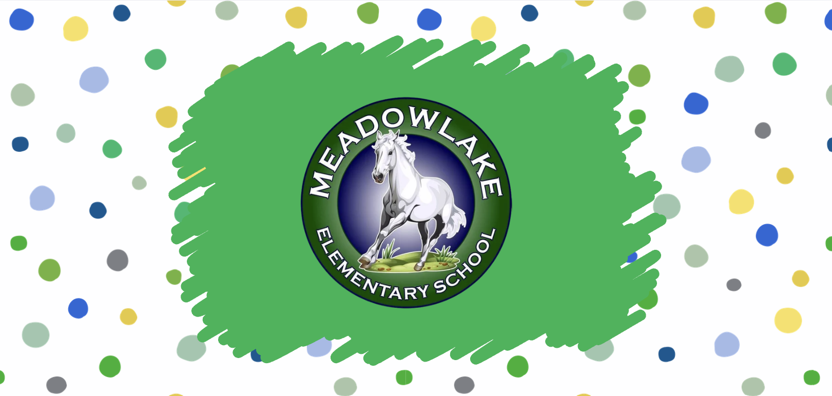 A logo features a white horse on a green background with a brush stroke. Surrounding the logo are multicolored dots.