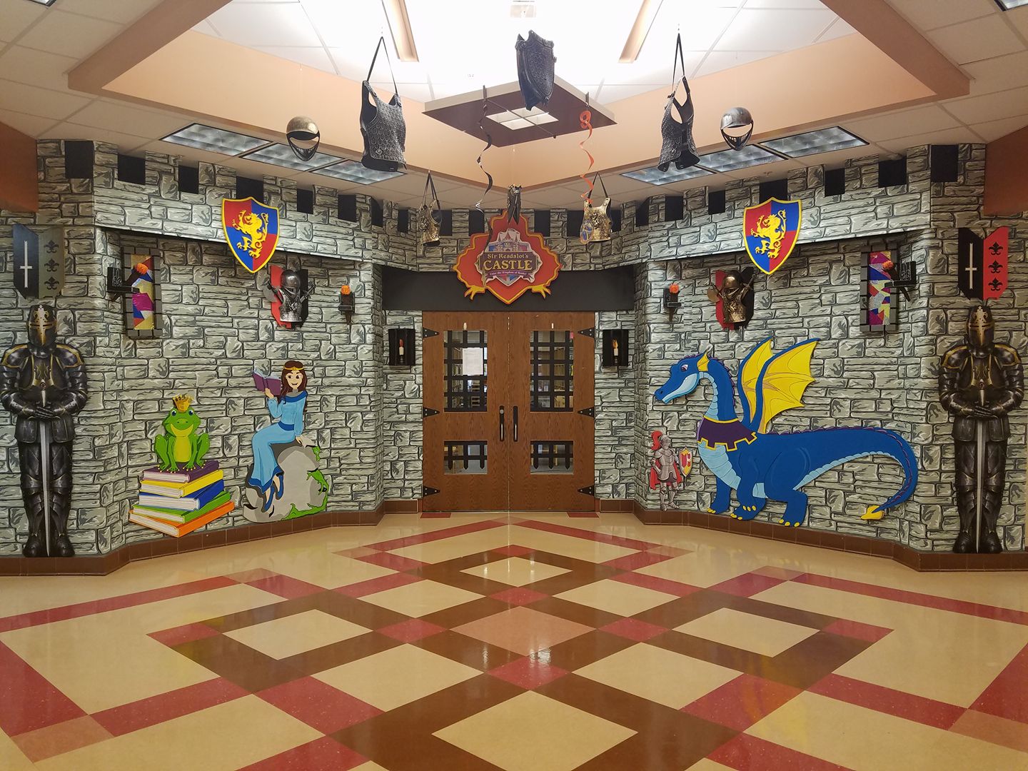 Library walls decorated like a medieval castle