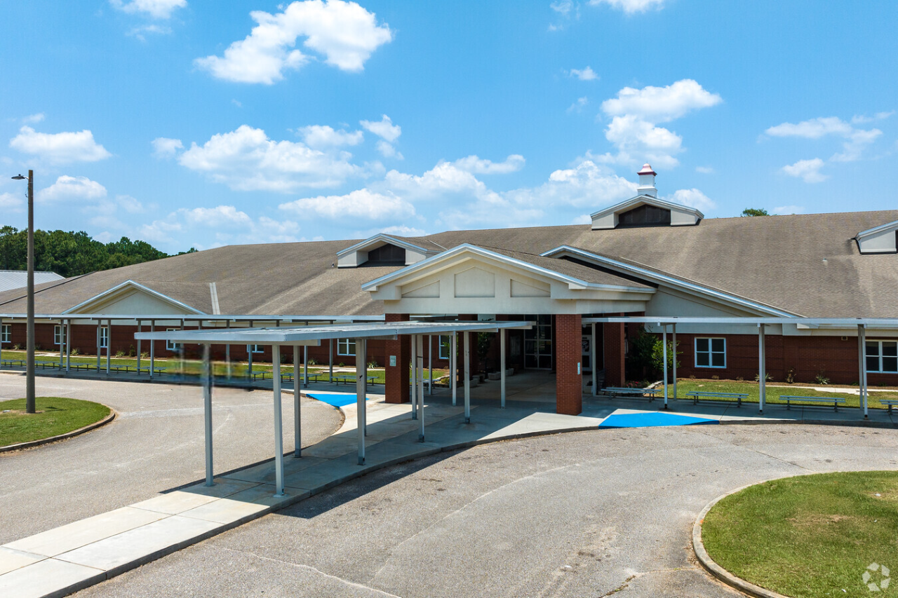 Wide shot of school entrance