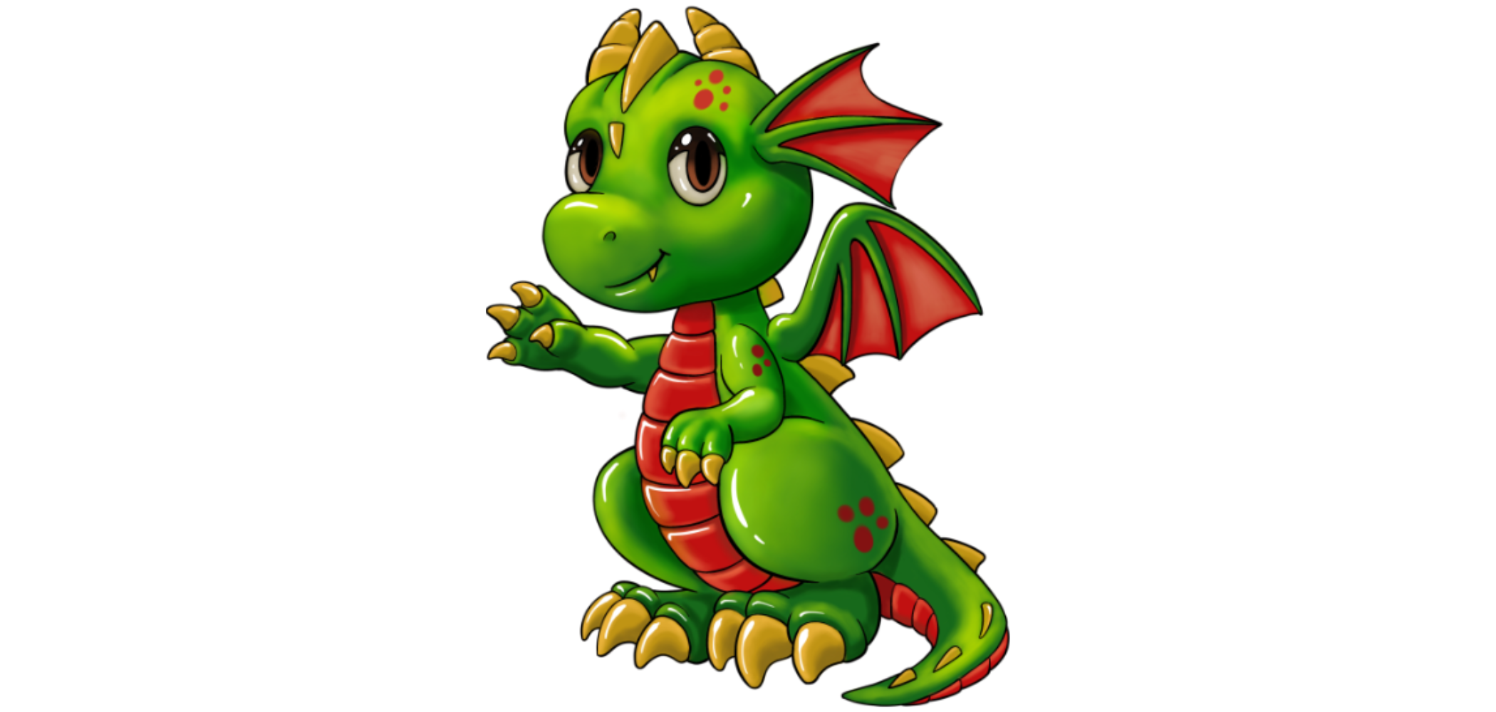 A green dragon with red wings and yellow claws, standing on four legs, with a yellow tail.