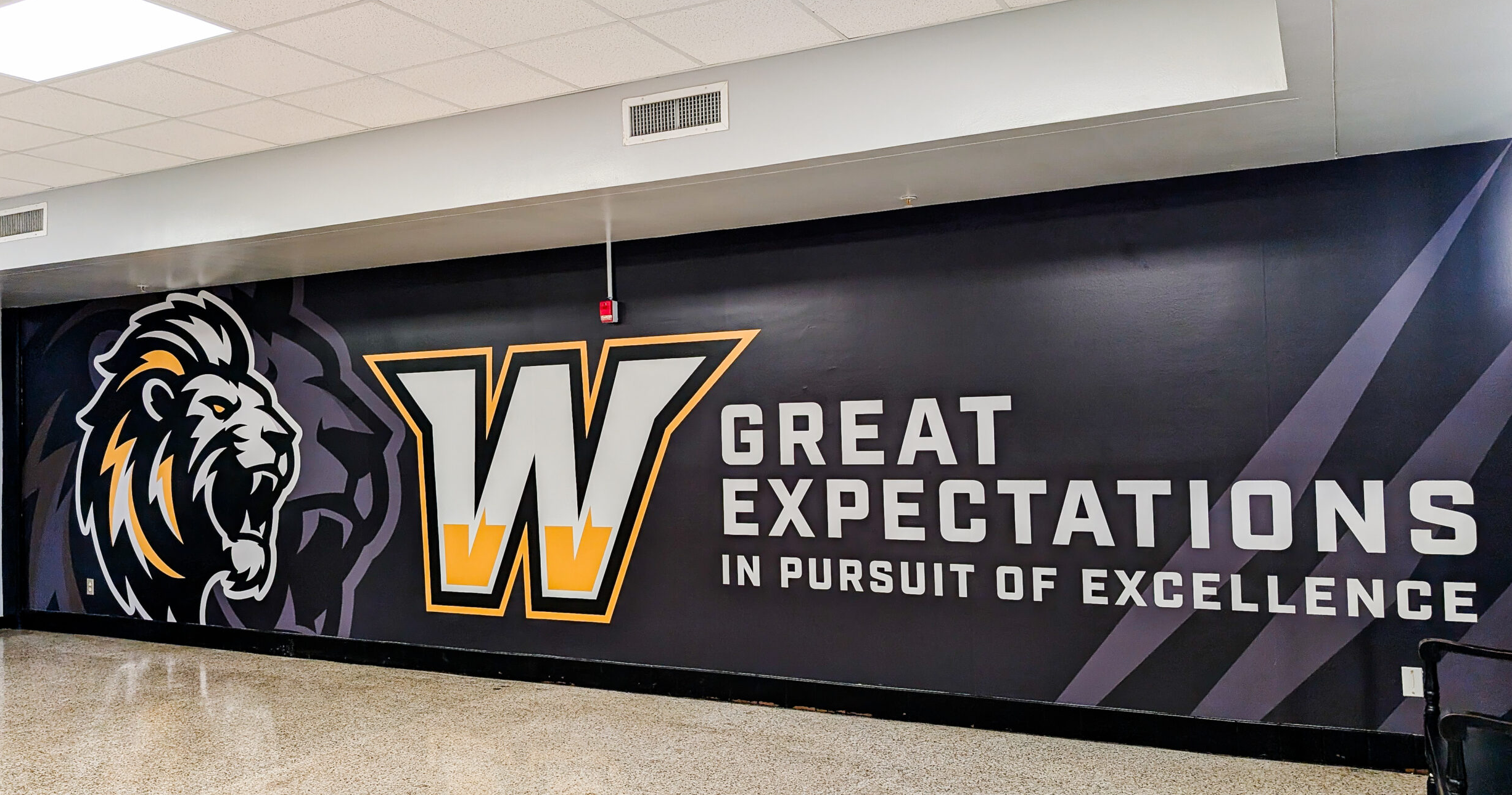 Williamson High School hallway with lion banner