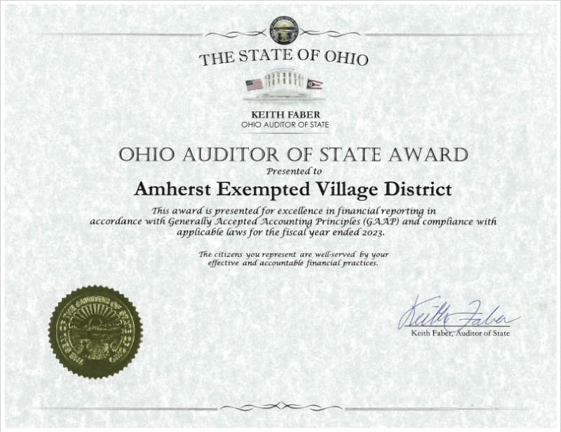A certificate awarded to the Amherst Exempted Village District by the Ohio Auditor of State, recognizing excellence in financial reporting, featuring a seal and signatures.