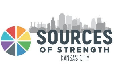 A logo featuring a colorful wheel divided into segments next to the text 'SOURCES OF STRENGTH KANSAS CITY' with a silhouette of a city skyline in the background.