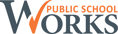 A logo featuring the words 'Public School Works' with a stylized checkmark integrated into the letter 'W' in 'Works', using a color scheme of dark gray and orange.
