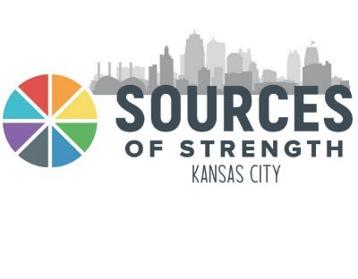 A logo featuring a colorful wheel divided into segments next to the text 'SOURCES OF STRENGTH KANSAS CITY' with a silhouette of a city skyline in the background.
